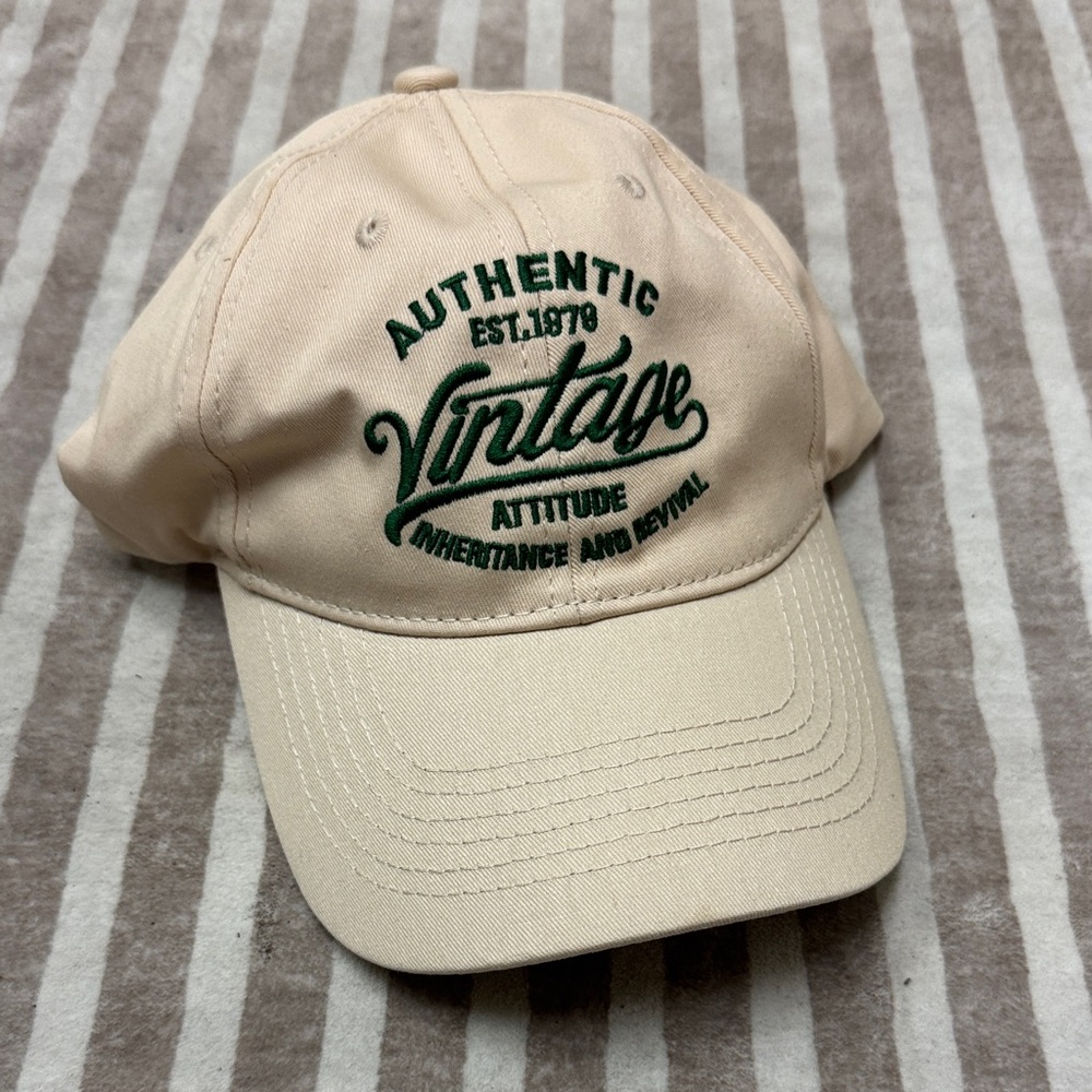 H&M Beige Vintage Cap with Green Embroidery